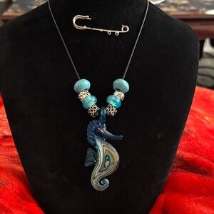 Handmade Blue Seahorse Glass Pendant Necklace